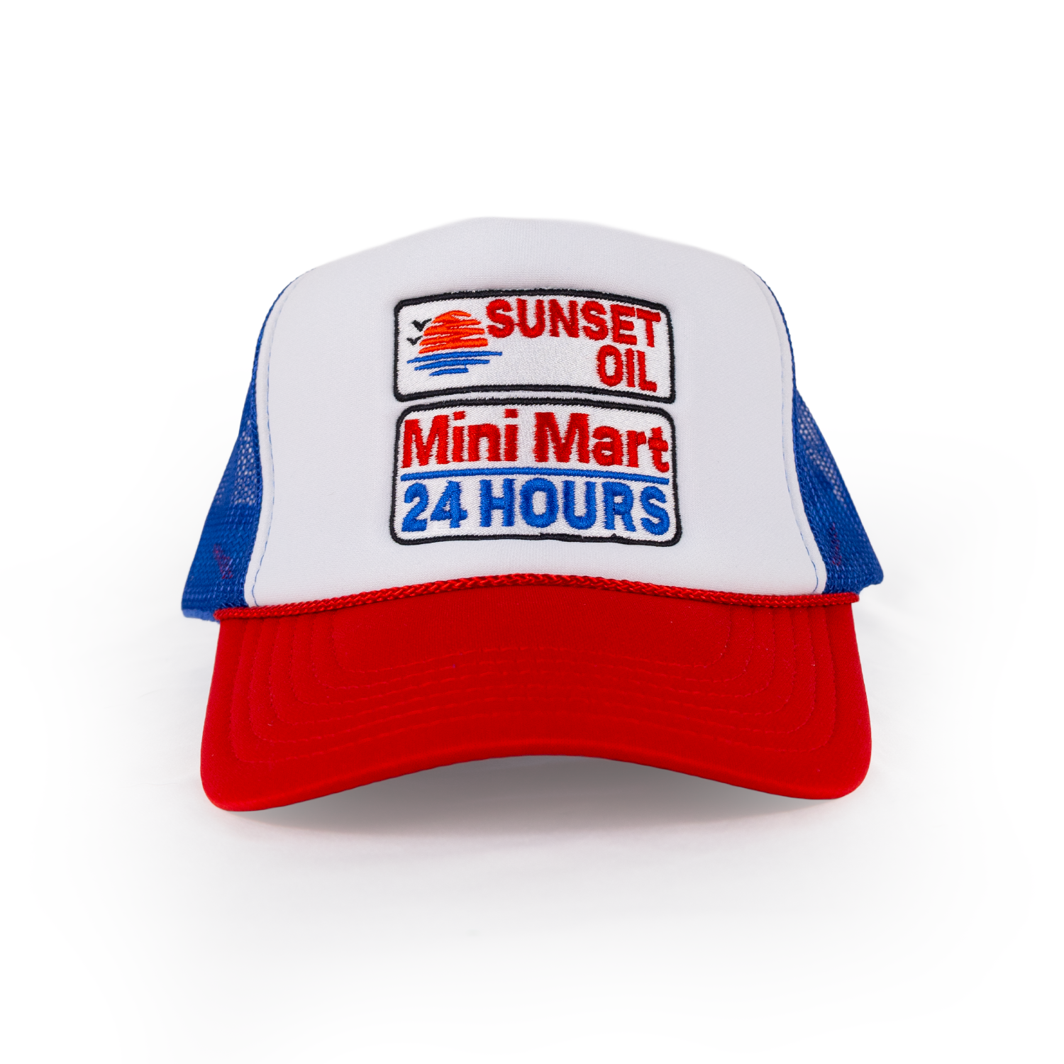 Sunset Oil Mini Mart Blue/White/Red Trucker Hat