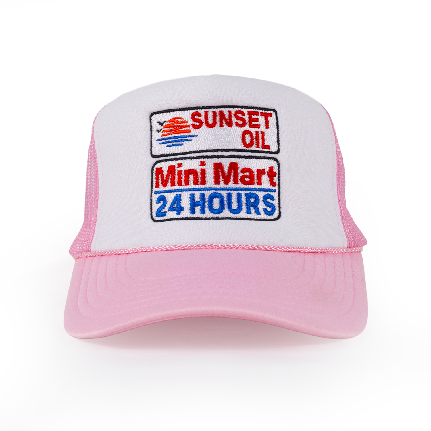 Sunset Oil Mini Mart Pink and White Trucker Fit