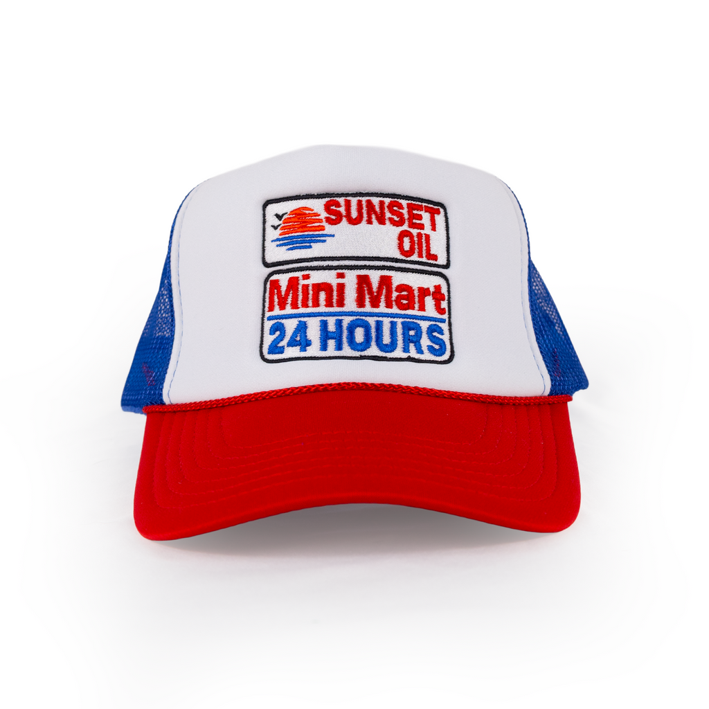 Sunset Oil Mini Mart Blue/White/Red Trucker Hat