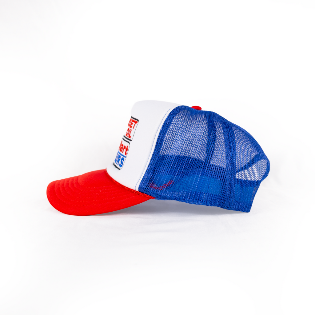 Sunset Oil Mini Mart Blue/White/Red Trucker Hat