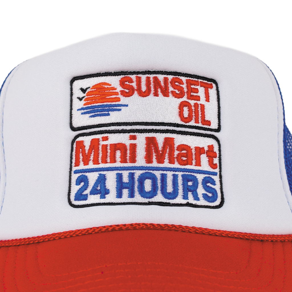 Sunset Oil Mini Mart Blue/White/Red Trucker Hat