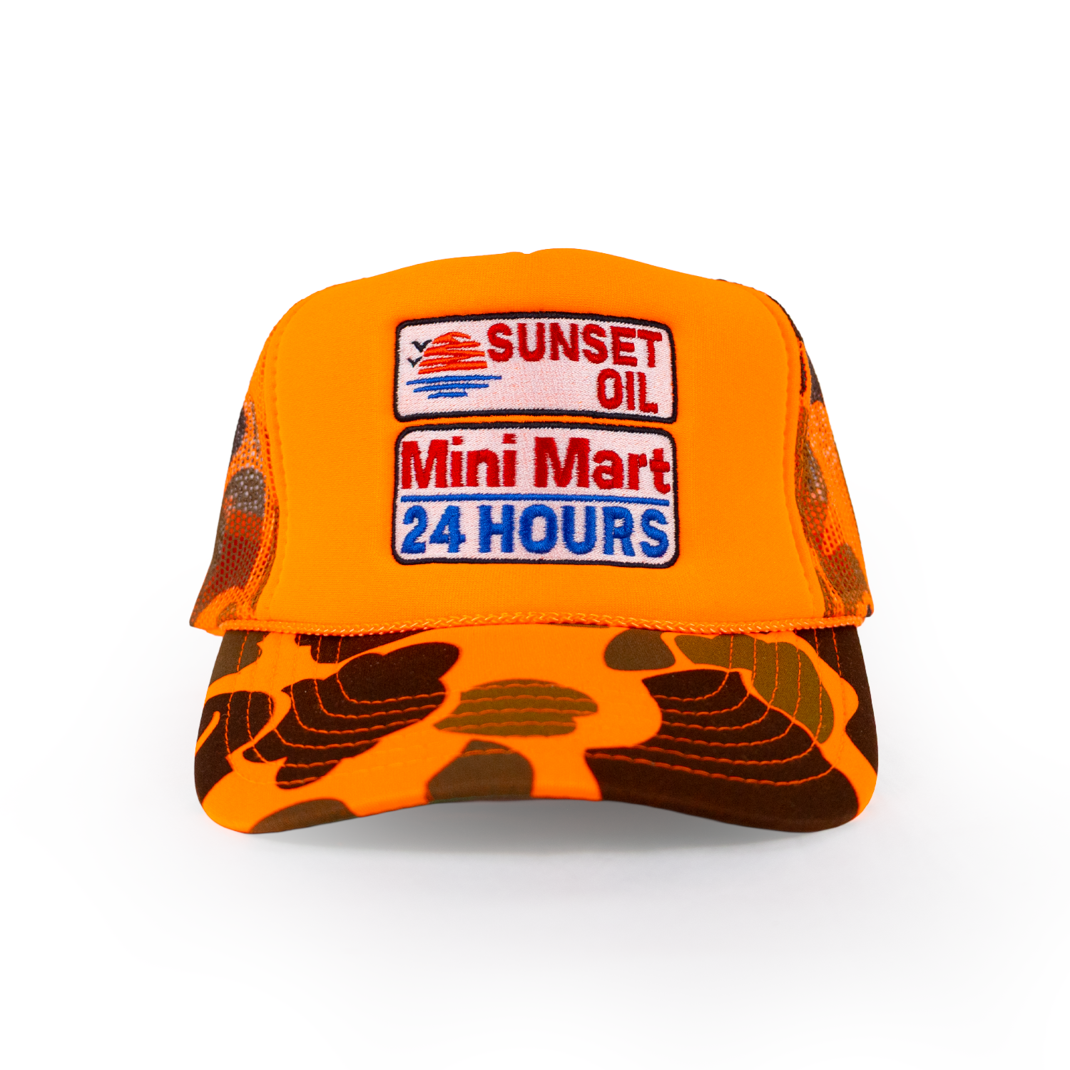 Sunset Oil Mini Mart Orange Camo Trucker Hat