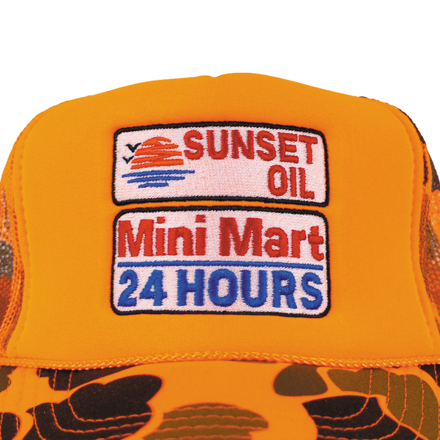 Sunset Oil Mini Mart Orange Camo Trucker Hat