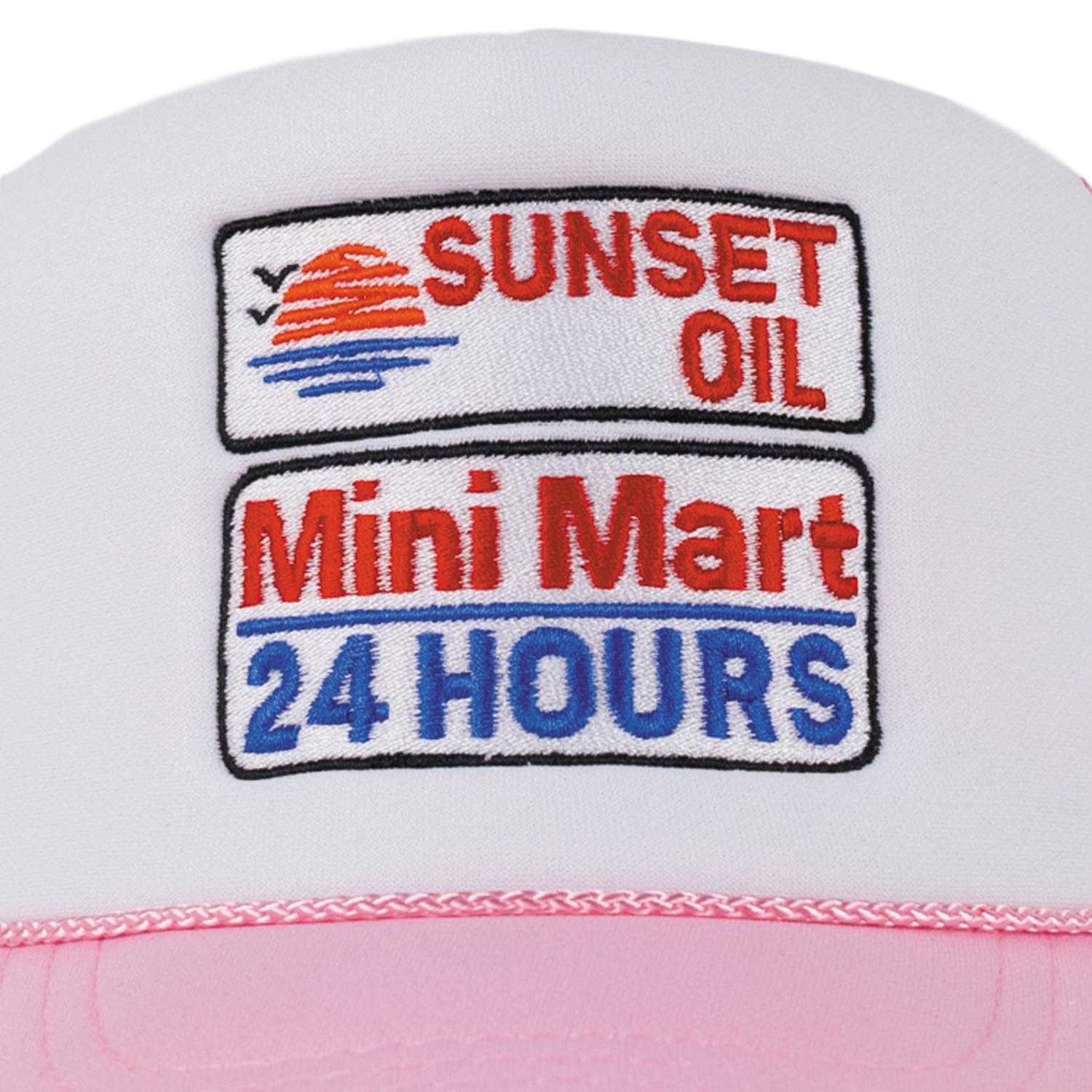 Sunset Oil Mini Mart Pink and White Trucker Fit