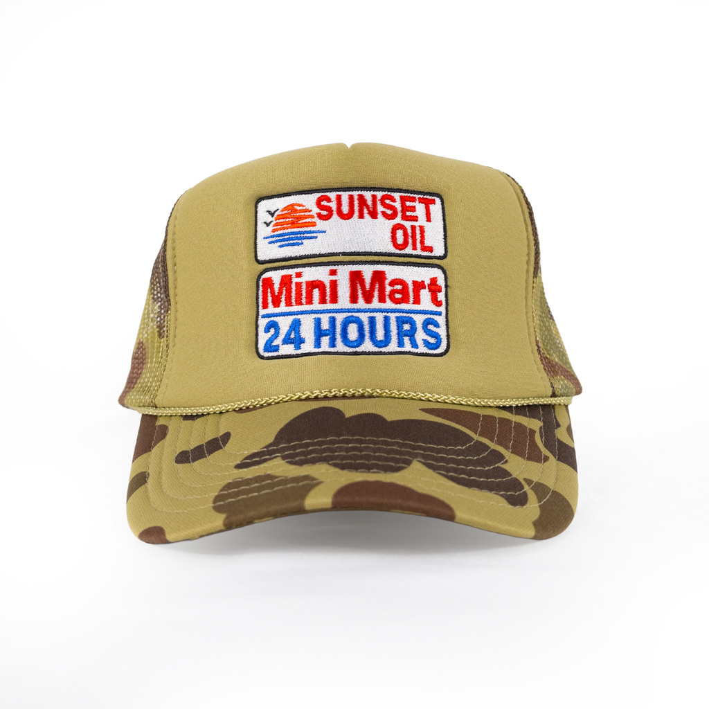 Sunset Oil Mini Mart Camouflage Trucker Hat