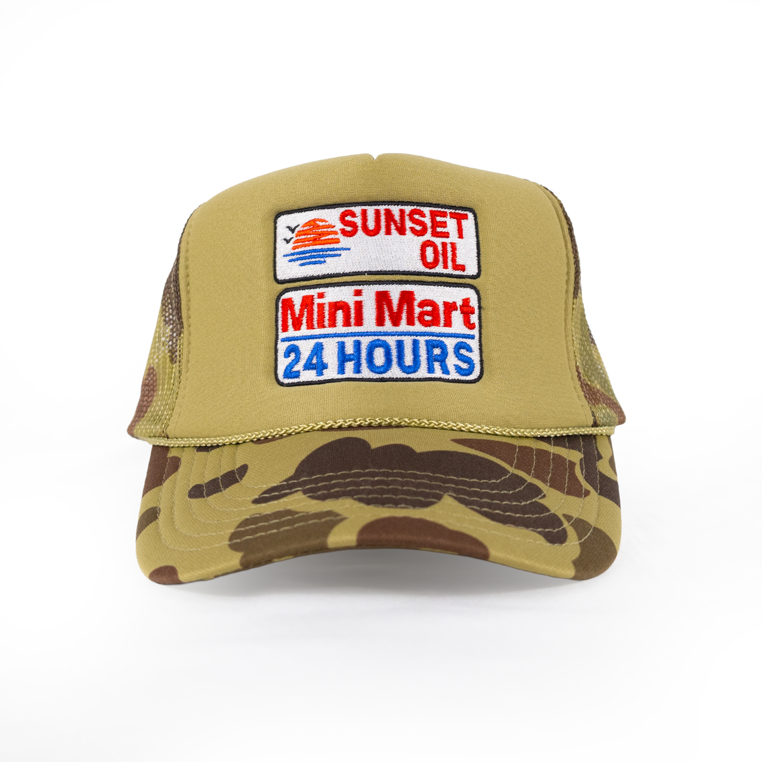 Sunset Oil Mini Mart Camouflage Trucker Hat