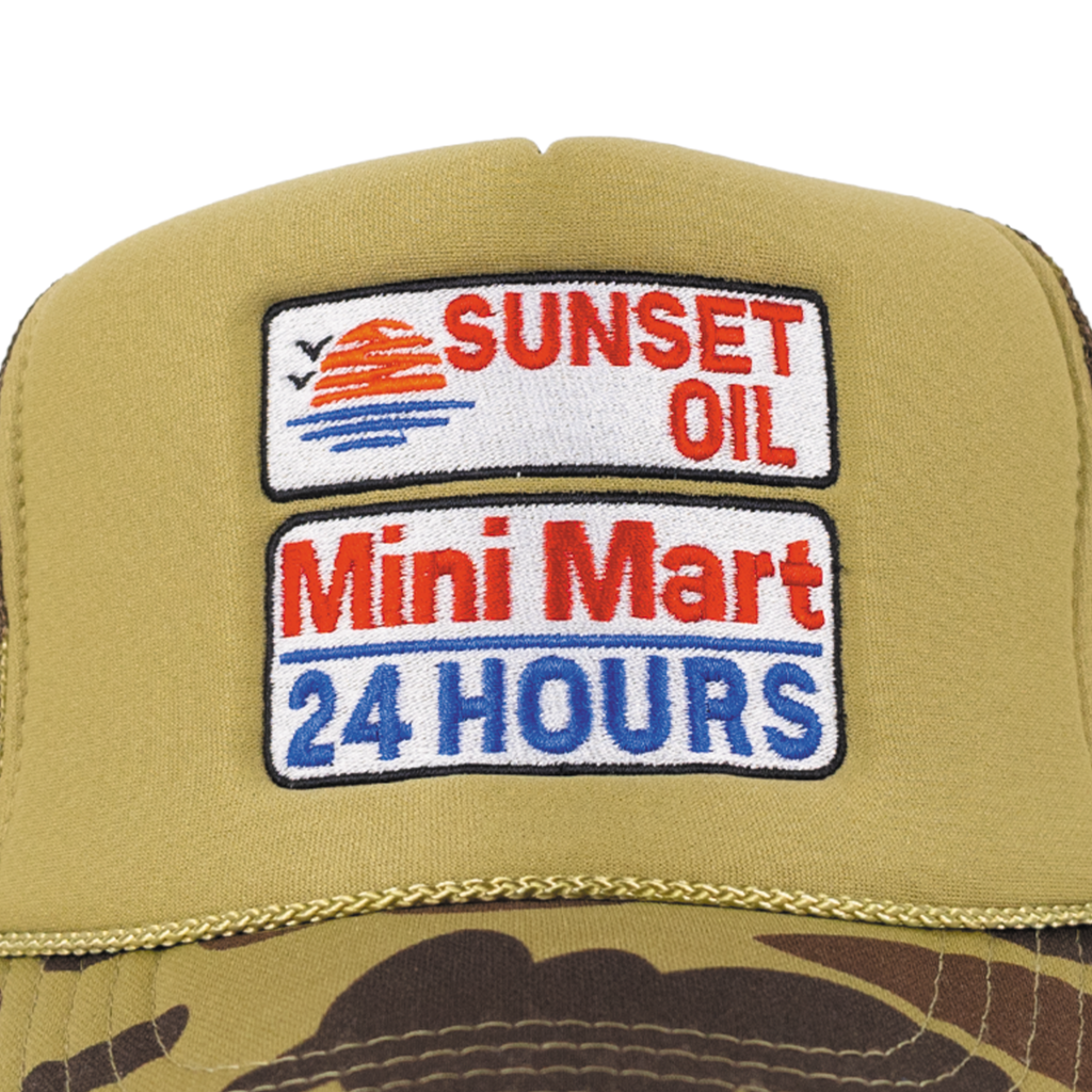 Sunset Oil Mini Mart Camouflage Trucker Hat