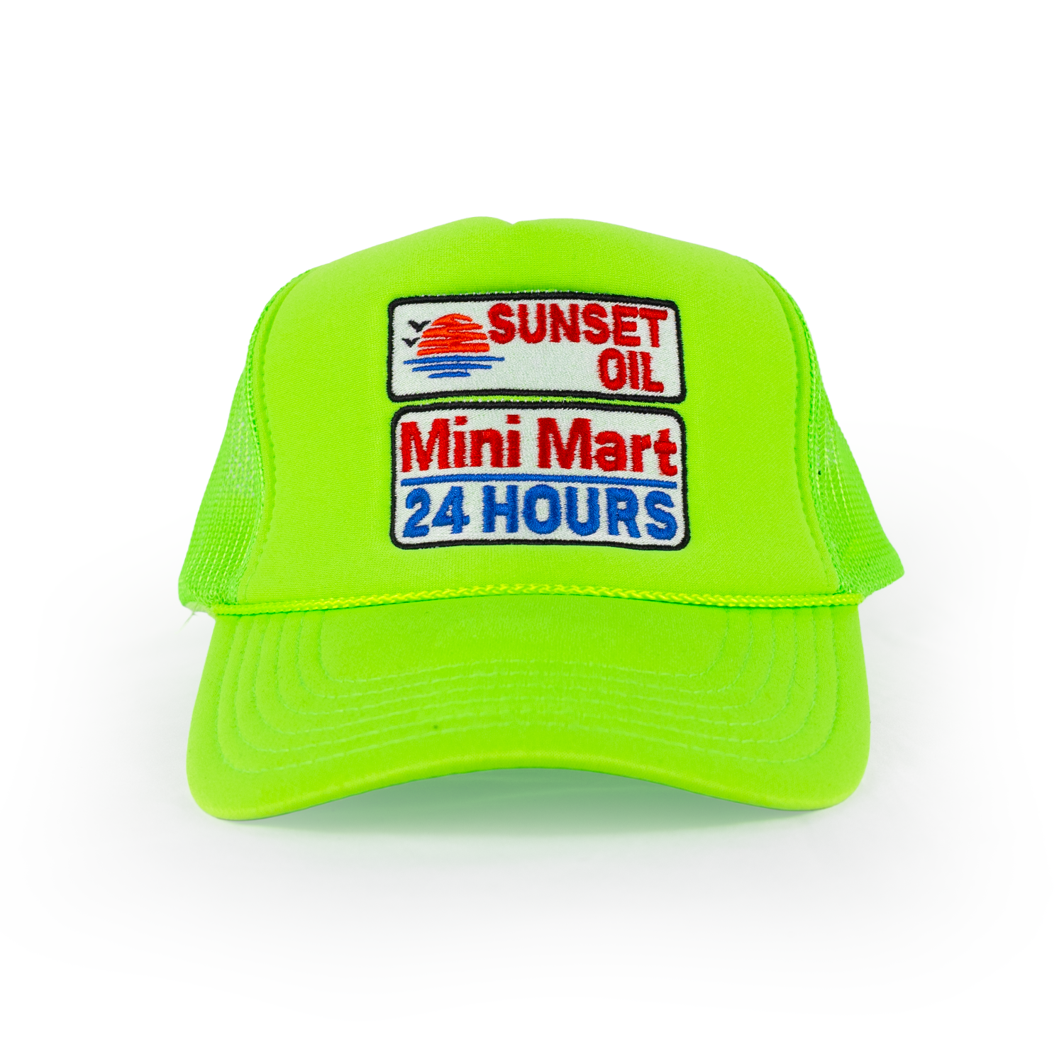 Sunset Oil Mini Mart Neon Green Trucker Fit