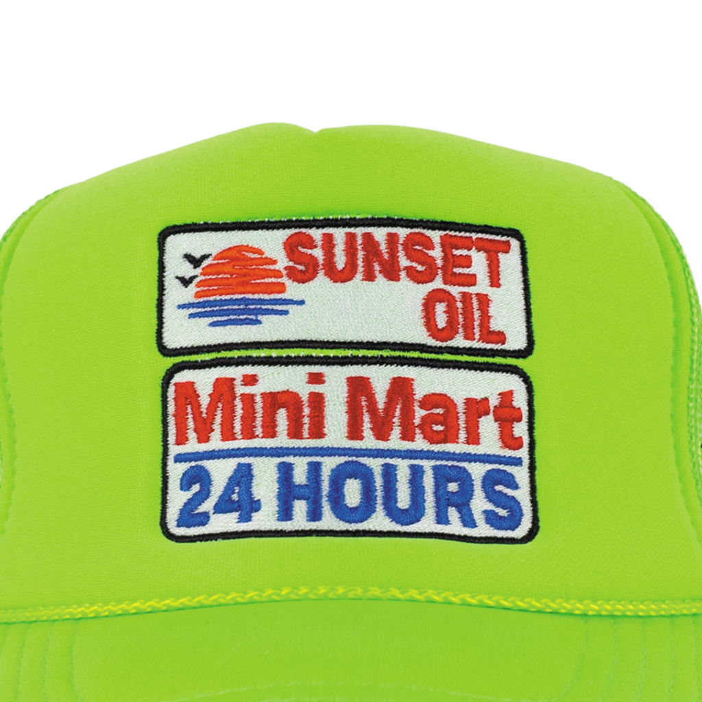 Sunset Oil Mini Mart Neon Green Trucker Fit