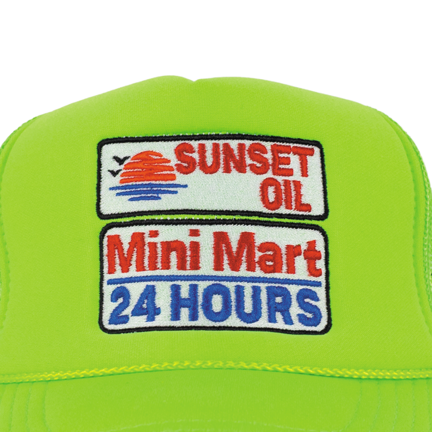 Sunset Oil Mini Mart Neon Green Trucker Fit