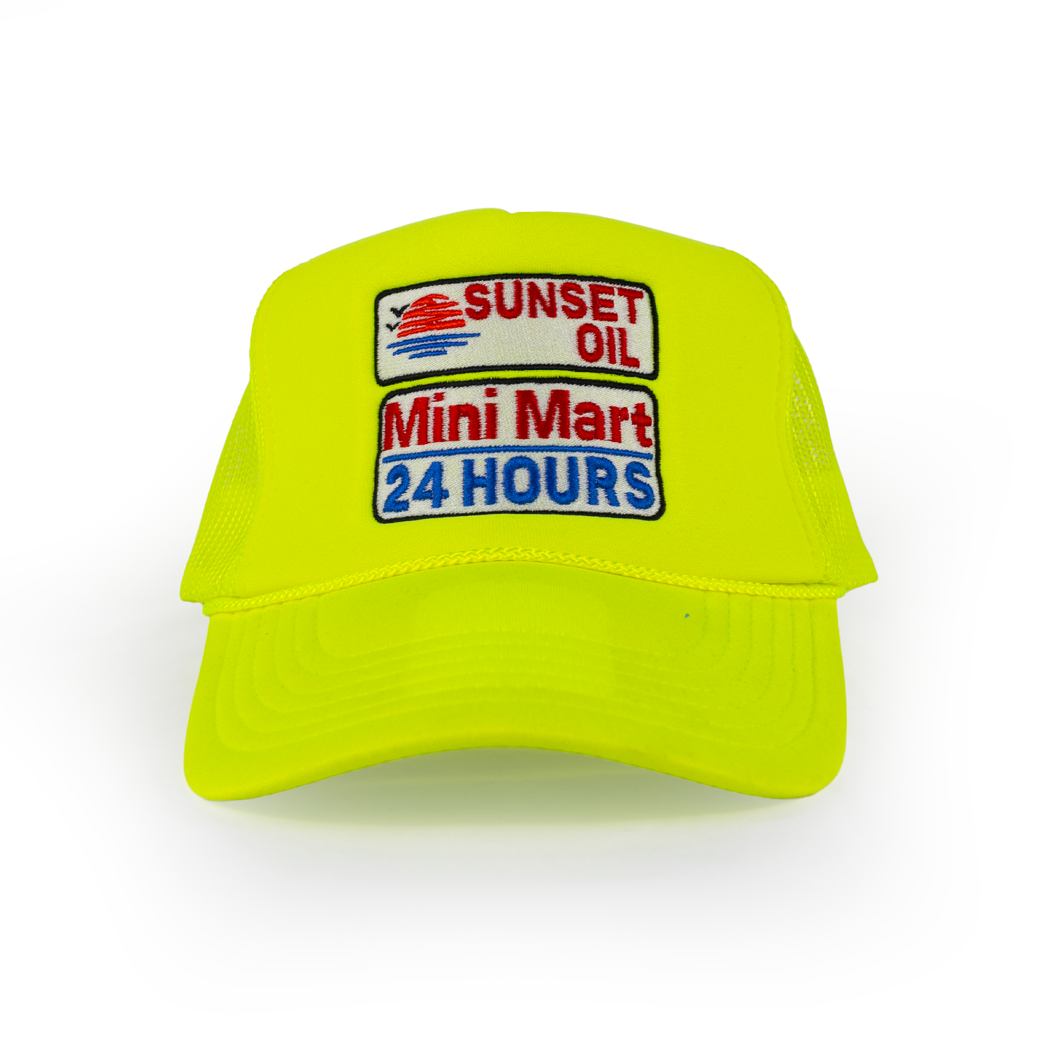 Sunset Oil Mini Mart Neon Yellow Trucker Fit