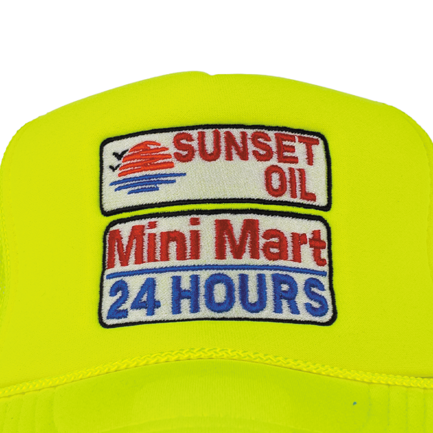 Sunset Oil Mini Mart Neon Yellow Trucker Fit