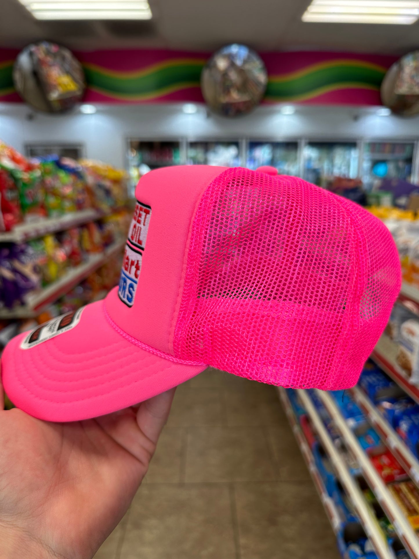 Sunset Oil Mini Mart Neon Pink Trucker hat