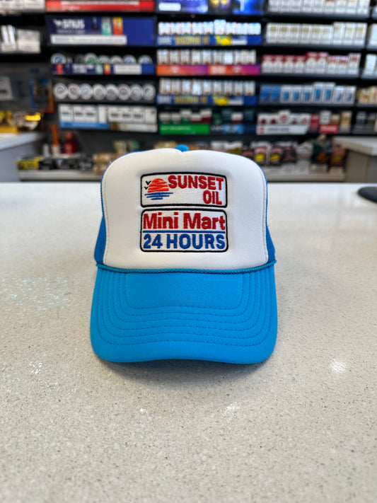 Sunset Oil Mini Mart Neon Blue/White/Neon Blue Trucker Hat